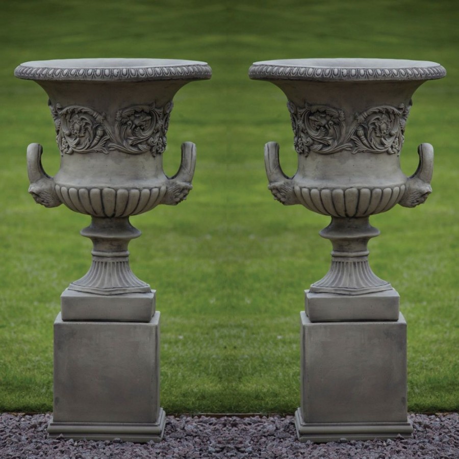 STATUES & SCULPTURES Pair Of Grecian Stone Garden Planter Urns On Pedestals New